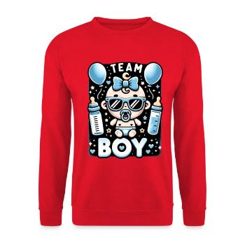 Team Boy Baby Junge Gender Reveal - Unisex Pullover - Rot - Vorne - Alina (178cm) & Michal (187cm)