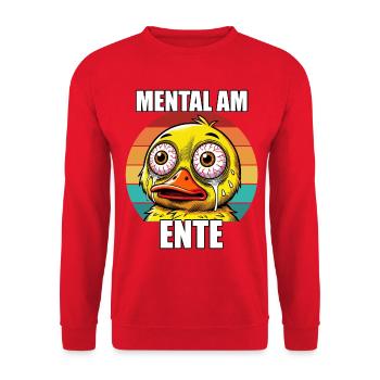 Lustiger Mental am Ente Cartoon Vintage Humor - Unisex Pullover - Rot - Vorne - Alina (178cm) & Michal (187cm)