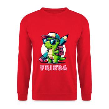 Lustiger Dinosaurier mit Schulranzen und Brille - Unisex Pullover - Rot - Vorne - Alina (178cm) & Michal (187cm)