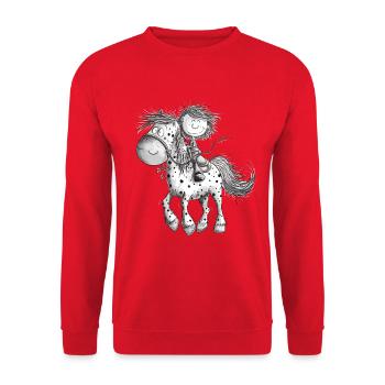 Drolliges Pferd mit Reiter Cartoon Pferdchen - Unisex Pullover - Rot - Vorne - Alina (178cm) & Michal (187cm)