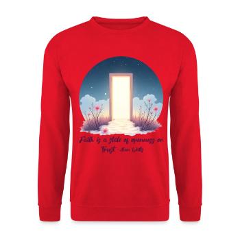 Open Door Trust Alan Watts Faith Zitat - Unisex Pullover - Rot - Vorne - Alina (178cm) & Michal (187cm)
