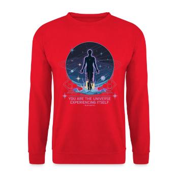 Himmlisches Wesen | Alan Watts Zitat Design - Unisex Pullover - Rot - Vorne - Alina (178cm) & Michal (187cm)