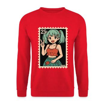 Anime Mädchen Poststempel Illustration - Unisex Pullover - Rot - Vorne - Alina (178cm) & Michal (187cm)