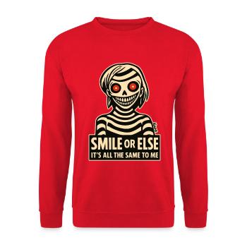 Skelettiges Lächeln mit Botschaft - Unisex Pullover - Rot - Vorne - Alina (178cm) & Michal (187cm)