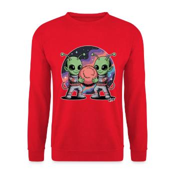 Alien Astronaut Hugging Cosmic Ball - Unisex Sweatshirt - red - Front - Alina (178cm) & Michal (187cm)