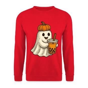 Kuscheliger Halloween-Kürbis Geist - Unisex Pullover - Rot - Vorne - Alina (178cm) & Michal (187cm)
