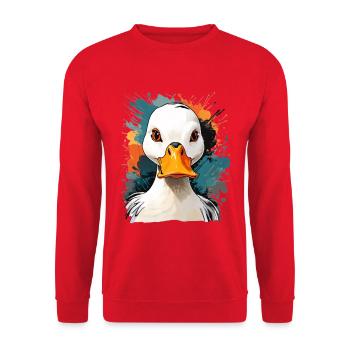 Ausdrucksstarker Gänseporträt mit Farbexplosionen - Unisex Pullover - Rot - Vorne - Alina (178cm) & Michal (187cm)