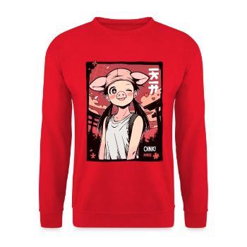 Cartoon Mädchen mit Schweine Maske auf Reisen - Unisex Pullover - Rot - Vorne - Alina (178cm) & Michal (187cm)