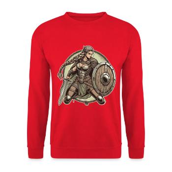 Kriegerin mit Schild und Schwert - Unisex Pullover - Rot - Vorne - Alina (178cm) & Michal (187cm)