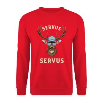 Alpen Hirsch Servus Hirschgeweih Tracht Oktober - Unisex Pullover - Rot - Vorne - Alina (178cm) & Michal (187cm)