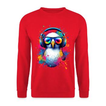 Bunte Möwe Vogel mit Kopfhörern Neon Festival - Unisex Pullover - Rot - Vorne - Alina (178cm) & Michal (187cm)