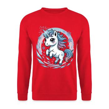 Einhorn Shirt mit Schneeflocken - Unisex Pullover - Rot - Vorne - Alina (178cm) & Michal (187cm)