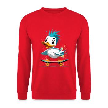 Ente auf Skateboard Farbexplosion - Unisex Pullover - Rot - Vorne - Alina (178cm) & Michal (187cm)
