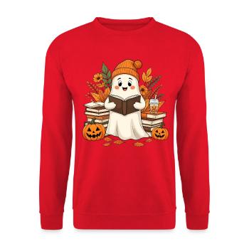 Herbstlesegeist mit Kürbissen - Unisex Pullover - Rot - Vorne - Alina (178cm) & Michal (187cm)