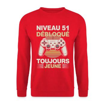 Niveau 51 débloqué toujours jeune Cadeau gamer - Sweat-shirt Unisexe - rouge - Devant - Alina (178cm) & Michal (187cm)
