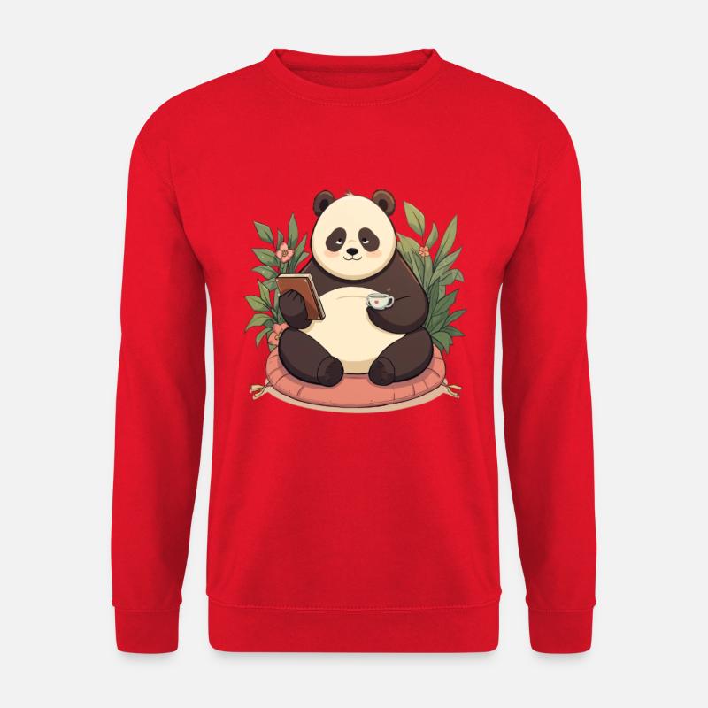 Panda beim Lesen mit Tee - Unisex Pullover - Rot