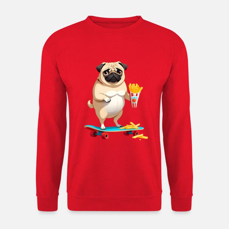 Pug auf Skateboard mit Pommes - Unisex Pullover - Rot