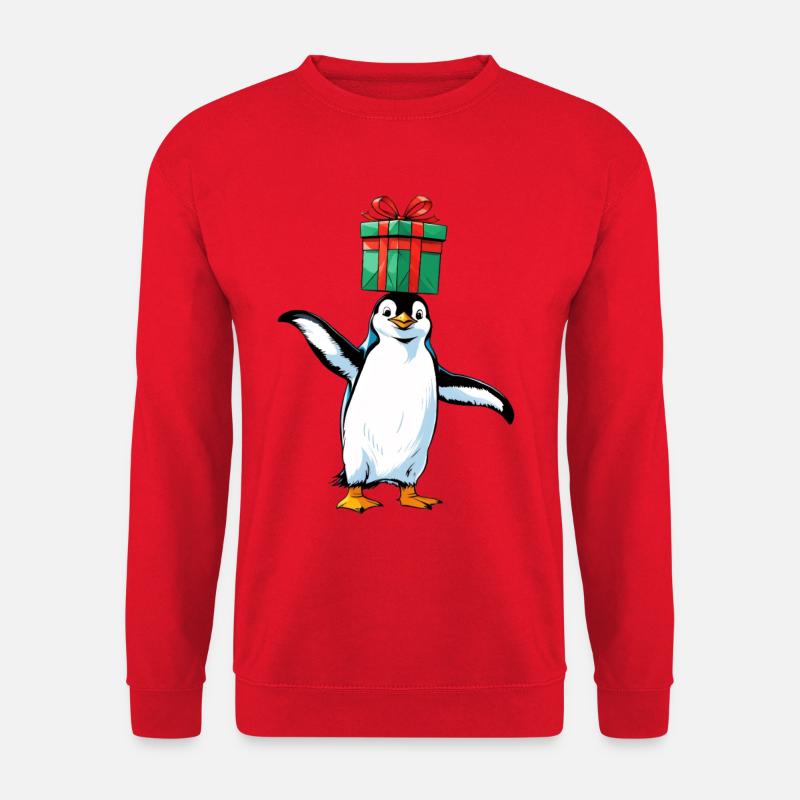Pinguin mit Geschenk auf Kopf - Unisex Pullover - Rot