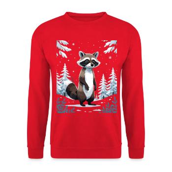 Winterlicher Waschbär im Wald - Unisex Pullover - Rot - Vorne - Alina (178cm) & Michal (187cm)