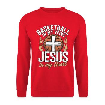 Basketball & Jesus – Kreuz auf Ball Design - Unisex Pullover - Rot - Vorne - Alina (178cm) & Michal (187cm)