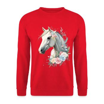 Pferd mit Blumenkranz Aquarell - Unisex Pullover - Rot - Vorne - Alina (178cm) & Michal (187cm)