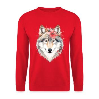 Wolfskopf mit Blumenkranz - Unisex Pullover - Rot - Vorne - Alina (178cm) & Michal (187cm)