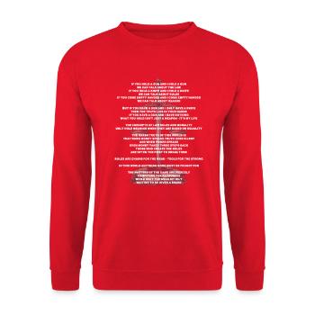 Philosophische Reflexion über Gerechtigkeit und Macht - Unisex Pullover - Rot - Vorne - Alina (178cm) & Michal (187cm)
