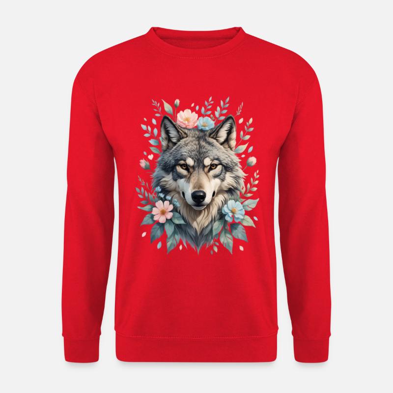 Wolfskopf mit Blumenkranz - Unisex Pullover - Rot
