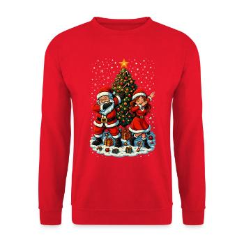Dabbing Santa & Mrs Claus vor Weihnachtsbaum - Unisex Pullover - Rot - Vorne - Alina (178cm) & Michal (187cm)