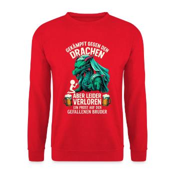 Gekämpft gegen den Drachen JGA Bier Shirt - Unisex Pullover - Rot - Vorne - Alina (178cm) & Michal (187cm)