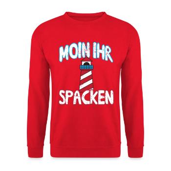 Moin ihr Spacken - Unisex Pullover - Rot - Vorne - Alina (178cm) & Michal (187cm)