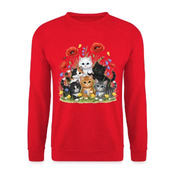 Kätzchen im Blumengarten - Unisex Pullover - Rot - Vorne - Alina (178cm) & Michal (187cm)