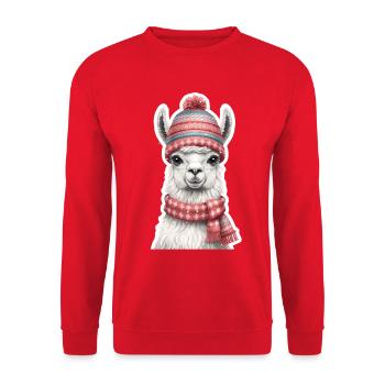 Winter Llama with Knitted Hat and Scarf - Unisex Sweatshirt - red - Front - Alina (178cm) & Michal (187cm)