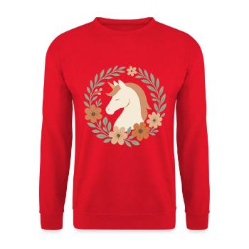 Boho Einhorn Blütenkranz, Sanfte Träume - Unisex Pullover - Rot - Vorne - Alina (178cm) & Michal (187cm)