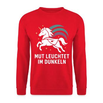 Mut leuchtet im Dunkeln, Einhorn Heldin - Unisex Pullover - Rot - Vorne - Alina (178cm) & Michal (187cm)
