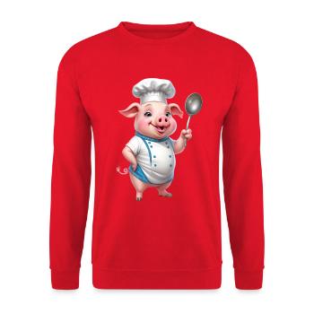 Kochschwein Chef mit Löffel - Unisex Pullover - Rot - Vorne - Alina (178cm) & Michal (187cm)