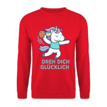 Einhorn Handball Dreh dich glücklich, Trickwurf - Unisex Pullover - Rot - Vorne - Alina (178cm) & Michal (187cm)