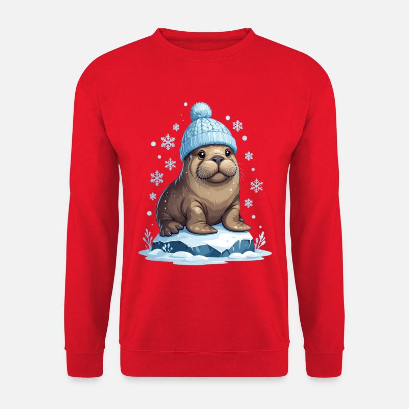 Winter-Seelöwe mit blauer Mütze - Unisex Pullover - Rot