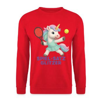 Spiel Satz Glitzer, Tennis Einhorn, Glam - Unisex Pullover - Rot - Vorne - Alina (178cm) & Michal (187cm)