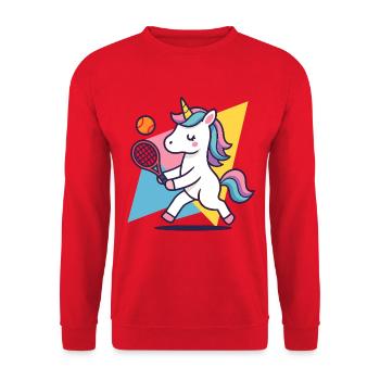 Tennis Einhorn kawaii, buntes Sportmotiv, Cute - Unisex Pullover - Rot - Vorne - Alina (178cm) & Michal (187cm)