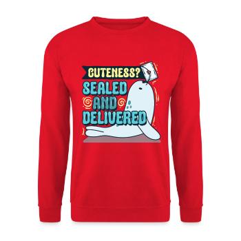 Sattelrobbe Robben Cuteness? Sealed And Delivered - Unisex Pullover - Rot - Vorne - Alina (178cm) & Michal (187cm)