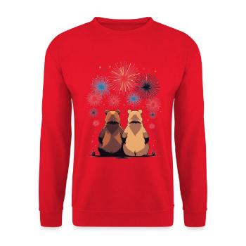 Zwei Bären beim Feuerwerk - Unisex Pullover - Rot - Vorne - Alina (178cm) & Michal (187cm)