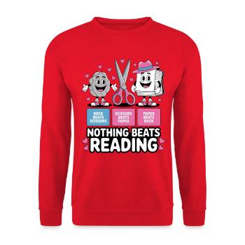 Nichts schlägt Lesen Cartoon Motiv - Unisex Pullover - Rot - Vorne - Alina (178cm) & Michal (187cm)