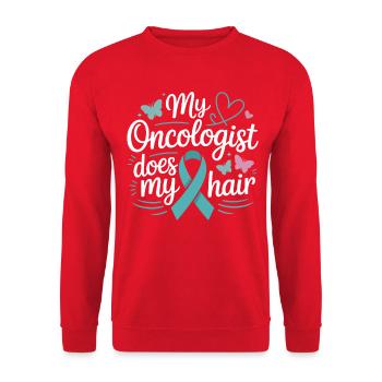 My Oncologist Does My Hair - Unisex Sweatshirt - red - Front - Alina (178cm) & Michal (187cm)