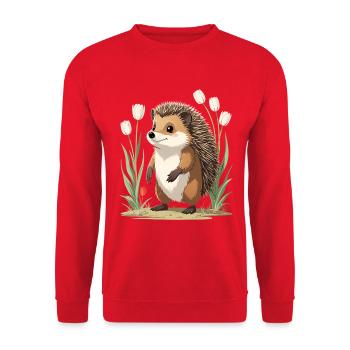 Igel im Tulpenbeet - Unisex Pullover - Rot - Vorne - Alina (178cm) & Michal (187cm)