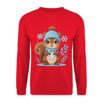 Winterliches Eichhörnchen Motiv - Unisex Pullover - Rot - Vorne - Alina (178cm) & Michal (187cm)