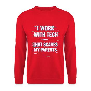 I Work With Tech That Scares My Parents Informatik - Unisex Pullover - Rot - Vorne - Alina (178cm) & Michal (187cm)