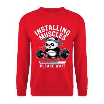 Panda Kraftaufbau – Bitte warten - Unisex Pullover - Rot - Vorne - Alina (178cm) & Michal (187cm)