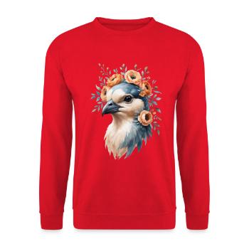 Vogelporträt mit Blumenkrone - Unisex Pullover - Rot - Vorne - Alina (178cm) & Michal (187cm)