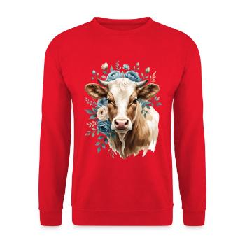 Kuhportrait mit Blumenkranz - Unisex Pullover - Rot - Vorne - Alina (178cm) & Michal (187cm)